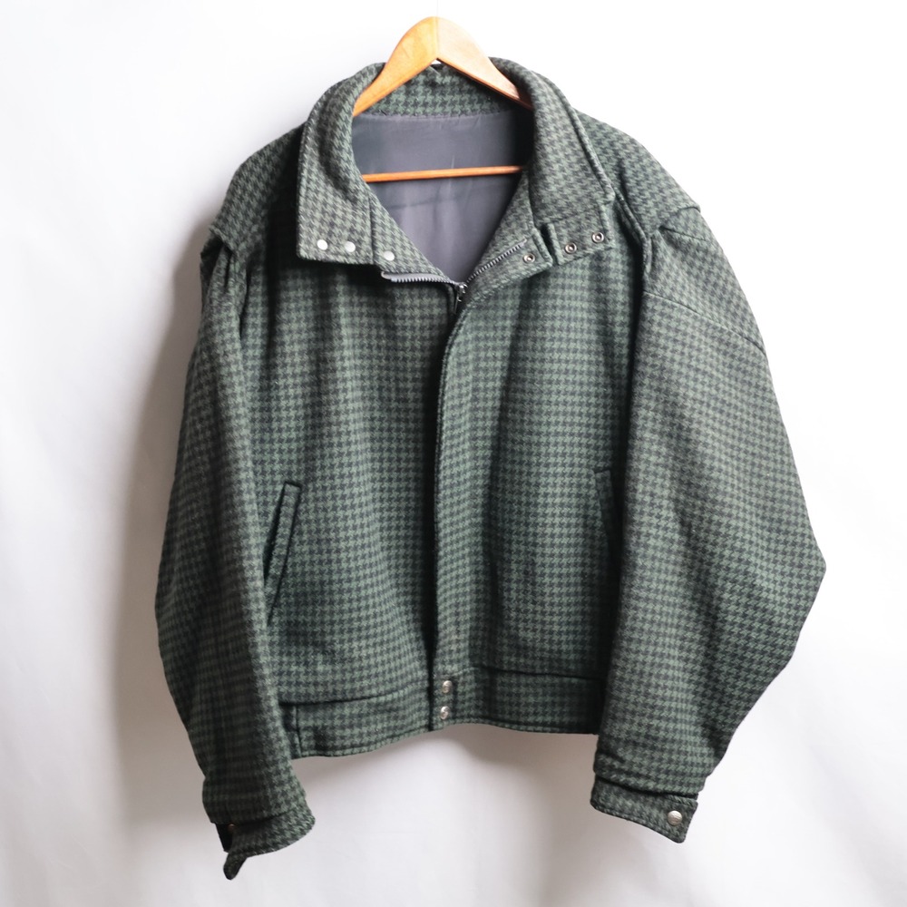 Vintage Woolrich Green Black Houndstooth Wool Bomber Jacket Full Zip Mens XL *